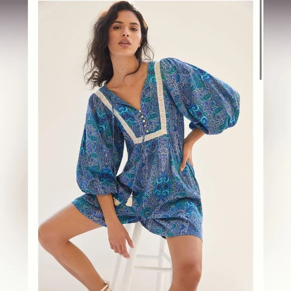 Anthropologie Lissa Romper Ballon Sleeve Blue Motif Paisley Size Small - Picture 4 of 10